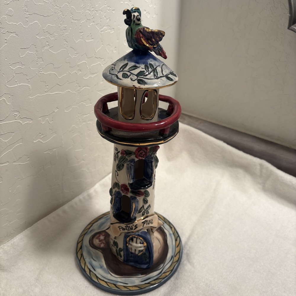 Blue Sky Clayworks Polly's Place Lighthouse Ceramic Tea light Heather Goldminc